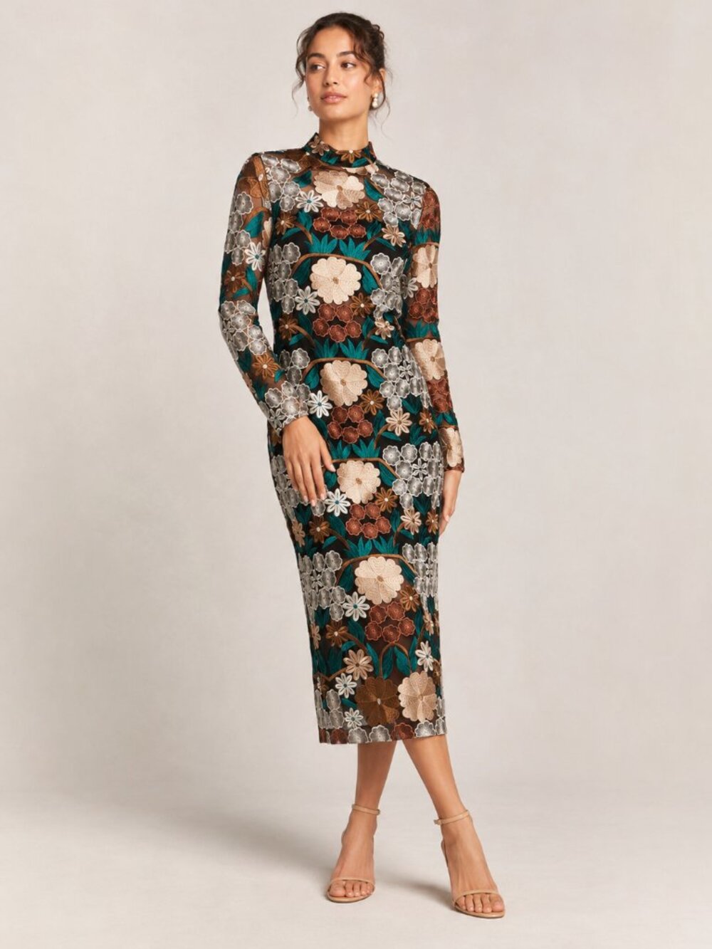 Anthropologie Floral Velvet Midi Dress in Teal, Brown & Cream